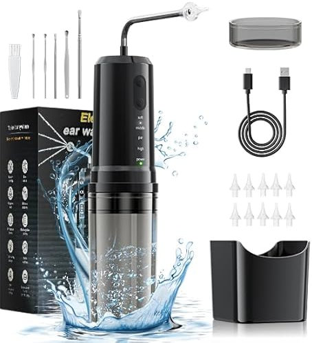 Niest Nettoyeur Oreilles 500ML, Nettoyant électrique pour élimination du Cérumen Rechargeable avec 4 Modes de Nettoyage, 10 Embouts et un Bassin de Récupération de l'eau (Black)