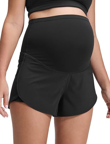 CRZ YOGA Umstands Dolphin Workout Shorts 8cm | Super High Rise, Innenhose mit Taschen, Schnell trocknend, Leicht, Seitlicher Schlitz, U-Bauch, Schwangerschaft & Wochenbett