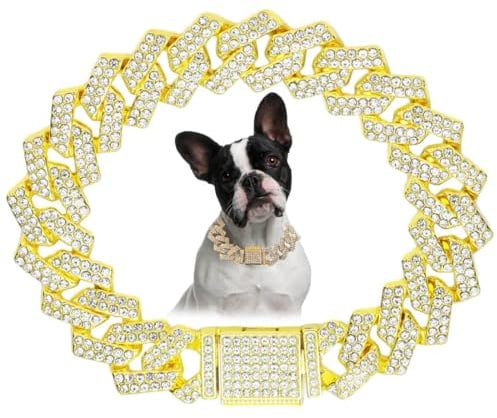 Goldene Kette Hundehalsband für mittelgroße Hunde, Bling Diamant, kubanische Glieder-Hundehalsband, Glitzer-Strass-Hundehalskette für kleine, mittelgroße und große Haustiere, 50,8 cm