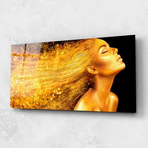ARTHUB® Glasbild 60x150 cm, 4mm ESG | Moderne Wandbilder aus Glas für Wohnzimmer & Schlafzimmer, Wanddekoration, Wohnkultur, Frauen, Golden Girl