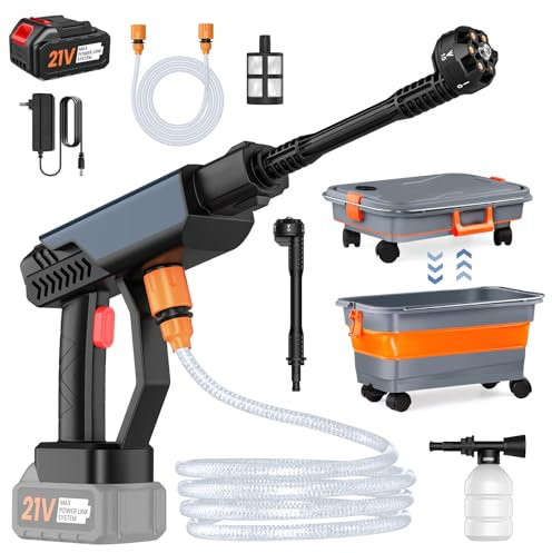 Akku Hochdruckreiniger 21V, 30Bar Tragbarer Hochdruckreiniger mit 22L Faltbarer Wassertank, 1 x 3.0Ah Akku, 6-in-1 Düse, 5M Schlauch, Mobiler Hochdruckreiniger für Auto, Fahrrad, Garten