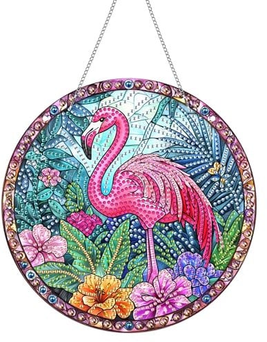 Hoobee Flamingo Diamond Painting Anhänger, Tier Diamond Painting Fensterbilder, 5D Diamant Painting mit Kette, Wandbehang Kits-Für Zuhause Wanddekoration Und Eingang Dekoration 20x20cm(Flamingo)