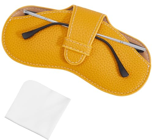 CREATCABIN Slim Glasses Case Portable Leather Sunglasses Case Bag Lightweight Travel Eyeglasses Spectacle Holder Pouch Cover with Soft Cleaning Cloth for Women Men Holiday 6.9x3.4 Inch Goldenrod