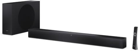 SHARP HT-SBW310 2.1-Kanal Ultra-Slim Soundbar, schlanker kabelloser Subwoofer,ROKU Ready, 330 W max. Leistung – Dolby Atmos,DTS Virtual:X,HDMI eARC,Bluetooth 5.3,USB-Wiedergabe,wandmontierbar –Schwarz