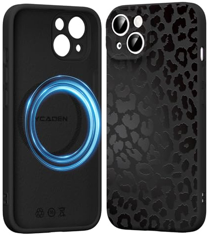 Saqmkil Handyhülle für iPhone 15 Hülle für Magsafe mit Leopard Muster | Aesthetic Schwarz Leo Motiv Mädchen Design Magnetische Case, Weich Flüssigem Silikon Stoßfeste Schutzhülle Cover 6,1