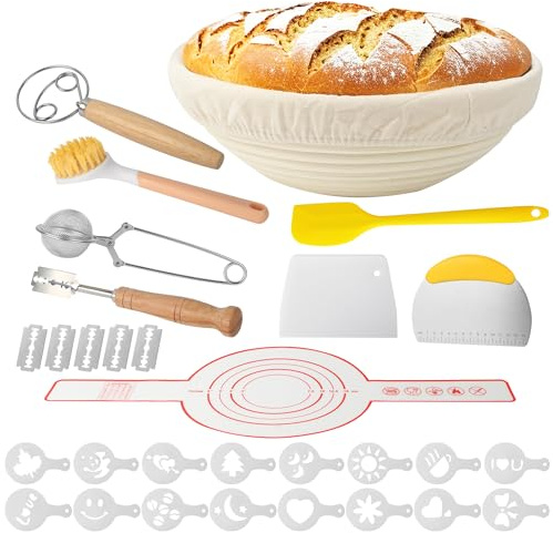 10-teilig Gärkorb Brot Set, 23cm Gärkörbchen zum Brotbacken, Sauerteig Starter Set, Einschließlich Teigschaber und Ölpinsel, Brotbackset Brot backen Gärkorb für Anfänger
