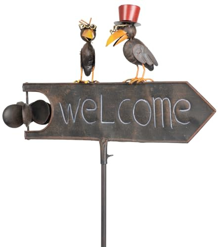 Moritz Deko Gartenstecker Welcome Schild mit 2 Raben aus Metall ca. 125x48x11 cm - wetterfeste Gartendeko mit Windspiel-Funktion - Vogel-Figuren mit Brille und Zylinder