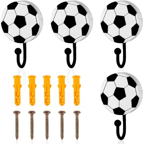 Fukaisu 4pcs Crochets Muraux Décoratifs Football, Crochets à Manteau en Bois Vintage Décoration Murale Thème Sport Serviette Porte pour Maison Bureau Chambre Salle Jeux Chapeaux Clés Sac à Dos