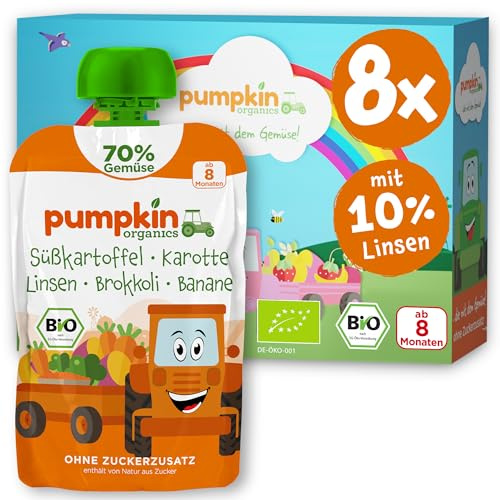 Pumpkin Organics Bio Gemüse-Quetschie mit Süßkartoffel und Linsen 8x100g | Bio Gemüse-Quetschie mit 70% Gemüse und weniger Fruchtzucker, ohne Zuckerzusatz¹, ab 8 Monaten; Beikost- bis Schulsnack