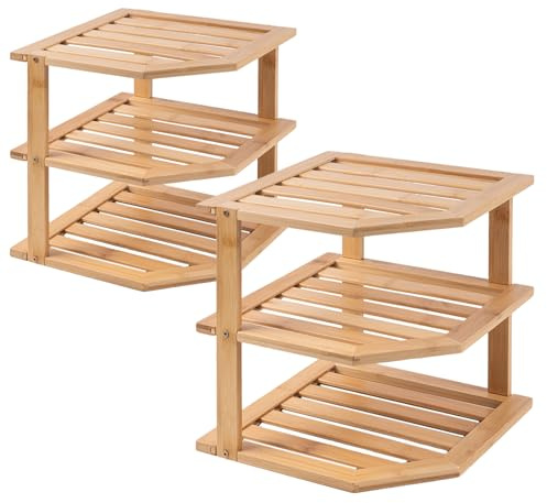 Fibogollo 3 Tier Bamboo Corner Shelf(2 pack),Dish Drying Rack,Plate Organizer,Kitchen Spice Rack for Countertop and Cabinet,Pantry Organization and Storage（Natural）