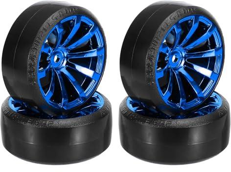 QUARKZMAN 4Stk Drift Auto Reifen 1/10 10-Speichen RC Felgen Hellblau | Mit Kunststoffreifen Zähe Reifen Ersatz, Für On-Road Driftfahrzeuge