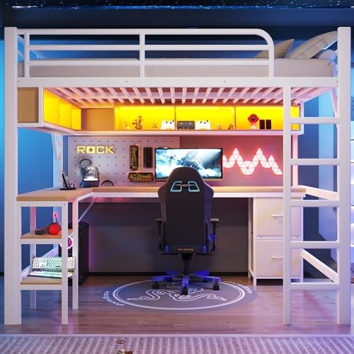 Idemon Letto a soppalco in metallo per gaming (140 x 200 cm) con libreria, scrivania, armadio, USB (bianco)