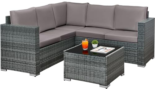 rattanstar 5 Seater Rattan Garden Furniture Sets, Outdoor L-Shaped Patio Furniture Set with Garden Sofa and Glass Table