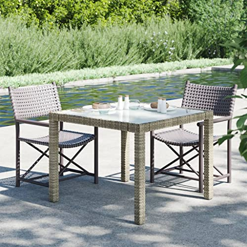 TUERYAFEK Gartentisch 90x90x75 cm mit gehärteter Glasplatte, Poly Rattan und pulverbeschichtetem Stahlgestell – Stabiler Outdoor-Tisch für Terrasse und Garten in Grau