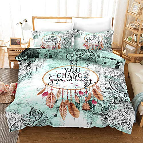Odot Bettwäsche Set 3 Teilig Bettbezug Set 3 TLG, Mikrofaser 3D Traumfänger Weiche mit Reißverschluss Schließung Bettbezug Garnitur Kissenbezug Babybett Mädchen Junge (135x200cm,Türkis)