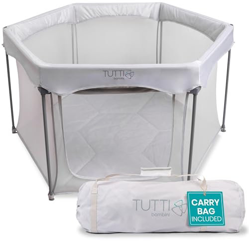 Tutti Bambini Baby Playpen - Foldable Playpen for Baby and Toddlers with Breathable Mesh Walls, Padded Frame, Zip Door & Fitted Playpen Mat, Baby Play Pen with Travel Bag (135 x 135 x 75 cm), Silver