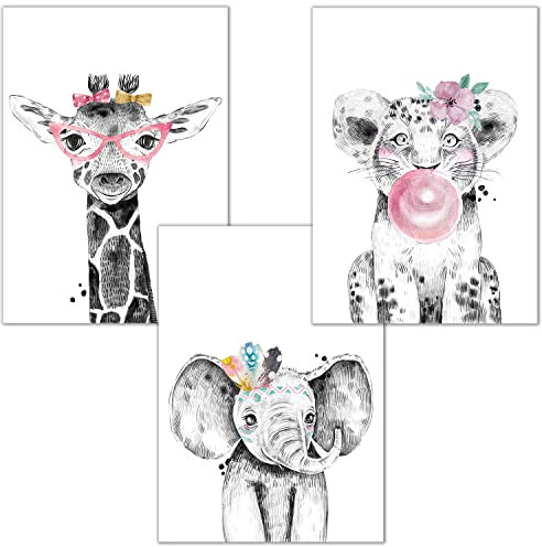 Bilderzeile® Poster Kinderzimmer, 3 Bilder für Kinderzimmer und Babyzimmer Deko, Kinderbilder mit Tieren für Mädchen & Jungen, Wandbilder mit Premium Kunstdruck DIN A4, ohne Rahmen, 3er Set #21
