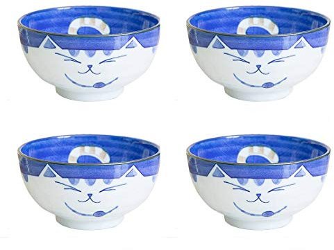 JapanBargain, Bol japonais en porcelaine - Bol à soupe - Bol à ramen fabriqué au Japon - Motif chat souriant Maneki Neko - 12,7 cm (4, bleu)