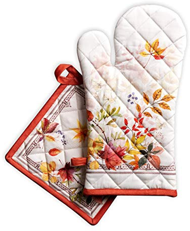Maison d' Hermine Ofenhandschuh + Topflappen aus 100% Baumwolle, hitzebeständiger Ofenhandschuh(19cm x 33cm) & Topflappen(20cm x 20cm) für Koch, Mikrowelle, Amarante – Erntedankfest/Weihnachten