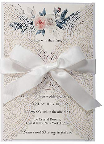 KUCHYNEE Weiße lasergeschnittene hohle Spitzen Einladungskarten mit Umschlägen - Elegante Hochzeitseinladung für Brautduschen Brautparty Geburtstagseinladungen, 20 Stück