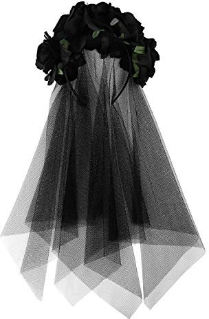 Couronne de Fleurs Rose avec Voile Noir Halloween Bandeau Serre-tête Femme Guirlande Florale Vintage Couvre Chef Gothique Medieval Fête Festival Coiffe de Deguisement Cosplay Accessoire de Cheveux