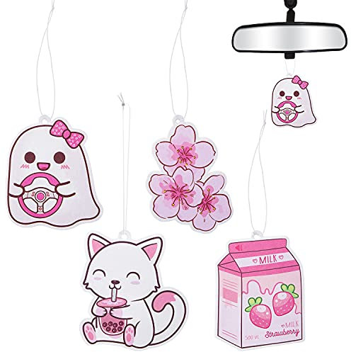 4 Auto Lufterfrischer Kawaii Netter Anhänger Rosa Auto Rückspiegel Zubehör für Auto Hängende Dekoration Auto Innen Rückspiegel Charms Ornament Weihnachts Feier Geburtstag Geschenk für Jungen Mädchen