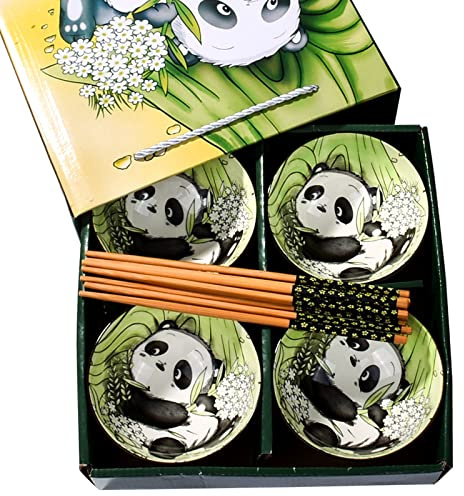 Reisschale aus Keramik mit Essstäbchen, 4 Stück, 11,4 cm, niedlicher Panda, kleine Schalen