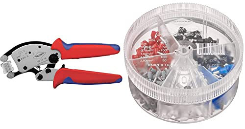 KNIPEX Twistor16 Selbsteinstellende Crimpzange für Aderendhülsen mit drehbarem Crimpkopf (240 mm) 97 53 18, Rot & Sortimentsboxen mit isolierten Aderendhülsen 97 99 906