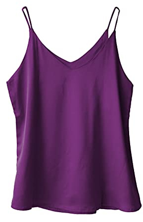 Wantschun Damen Satin Silk Weste Bluse Tank Tops Shirt Cami Spaghetti Träger Camisole Vest V-Ausschnitt Basic - Lila, L