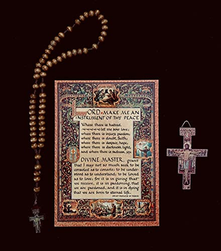 Desiderata Gallery 12,7 cm großes Kruzifixkreuz San Damiano importiert aus Assisi, Italien, inklusive 12,7 x 17,8 cm Karte und Olivenholz-Rosenkranz mit Organza-Geschenkbeutel