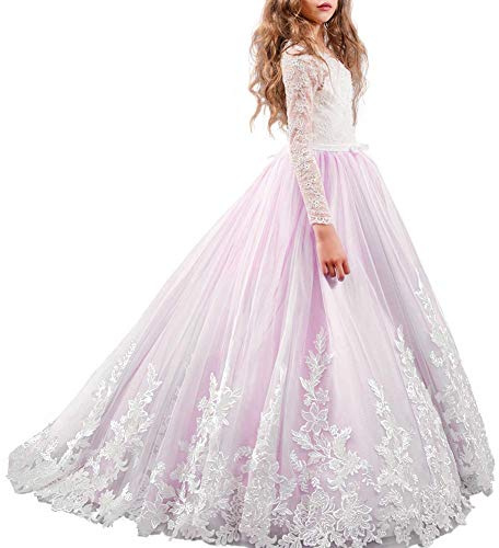 Odizli Robe de fille à fleurs à manches longues en dentelle princesse robe de première communion mariage robe de mariée anniversaire robe de bal longue robe de soirée, Rose, 10-11 ans