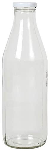 Acan Tradineur - Bottiglia di vetro per latte, bottiglia per bevande con tappo a vite, frullati, succhi di frutta, frullati di verdure, salse, frigorifero (coperchio bianco, 1 litro)