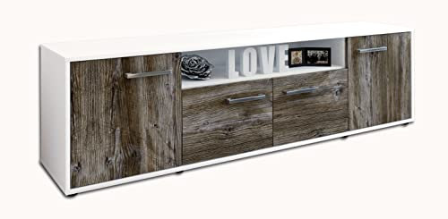 Lqliving TV-Board Lowboard Arianna, Korpus in Weiss matt, Front im Holz-Design Treibholz (180x49x35cm), mit Metall Griffen, Made in Germany