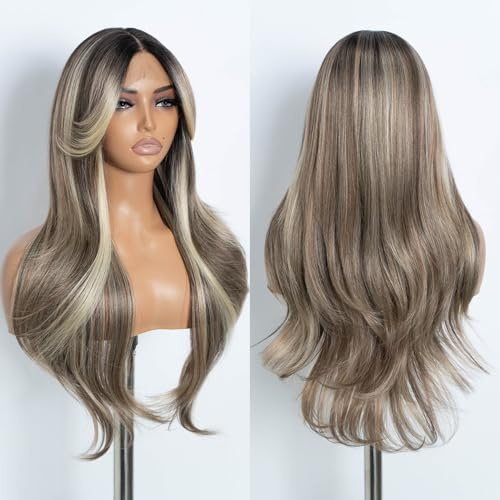 Style Icon Curtain Bangs Perücke Synthetische Lace Front Perücke Highlight Braun T Part Lace Long Layered Wave Perücken für Damen 26 Zoll (NTSA4/10/23B/613C)
