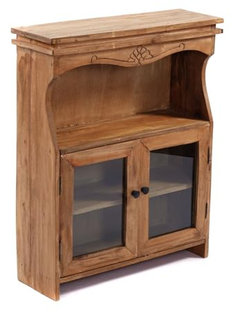 DESIGN DELIGHTS Natur WANDSCHRANK Ribera | Mahagoni Holz, Glastüren, 73 cm, mit Schnitzereien | Hängeschrank, Küchenregal mit Haken, Holzschrank, Wandregal mit Gravur