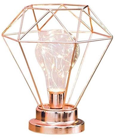 YUANZ Diamond Table Lamp, Metal Table Lamp, Battery Operated Diamond Shape Bedside Lamp, Floor Lamp (Rose Gold)