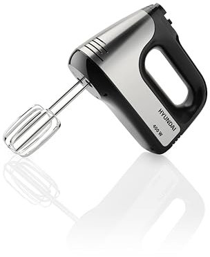 HYUNDAI Handmixer I HM708 I praktischer Handrührgerät I 5 Geschwindigkeitsstufen I 2 Edelstahl-Rührbesen + Knethaken I 400 W I Impulsschalter I Edelstahl/Schwarz