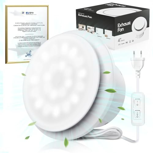 SLUELI 100mm Vortice Aspirazione Bagno con Luce, Potente Ventola Bagno con Interruttore, 60 Lumen, ≤34dBBassi Rumori, Installazione Facile su Finestre Soffitti Pareti Ideale per Bagni Cucine Garage