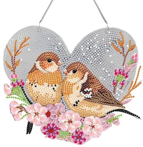 Starnearby DIY Diamond Painting Anhänger 5D Diamant Painting Kranz Set mit Kette Einseitig Diamant Malerei Spatz Bilder Wandbehang Kits für Fenster Wand Und Eingang Decor