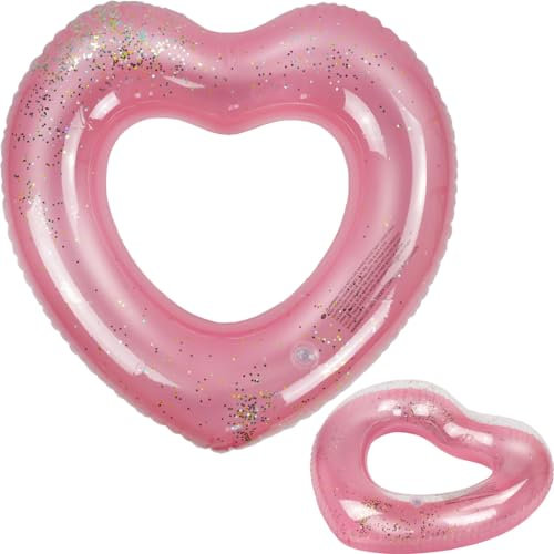 Martom AUFBLASBARES HERZRAD ROSA MIT SCHWIMMENDEN Pailletten, Herzförmiger Schwimmring, aufblasbare Schwimmringe, Luftmatratze, Schwimmreifen, Sommer, Wasserspielzeug