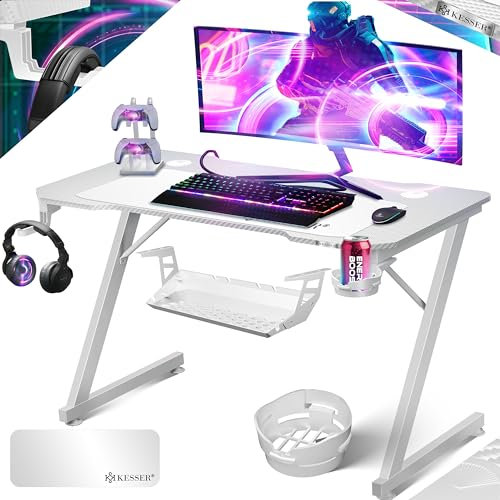 KESSER® Gaming Tisch 100cm x 60cm | Z-Form Gamer Schreibtisch | Kopfhörerhaken & Kohlebeschichtung | Ergonomischer PC Computertisch | Stabiler Tisch mit Getränkehalter Weiß