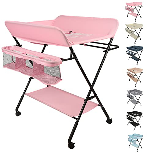 OHMG Baby Wickelkombi Klappbare Wickelkommode,Wickeltisch mit Rollen,Mobiler Wickeltisch mit Wickelauflage,Sicherheitsgurt und Ablagefächern,Wasserdicht und Höhenverstellbar,Stabil