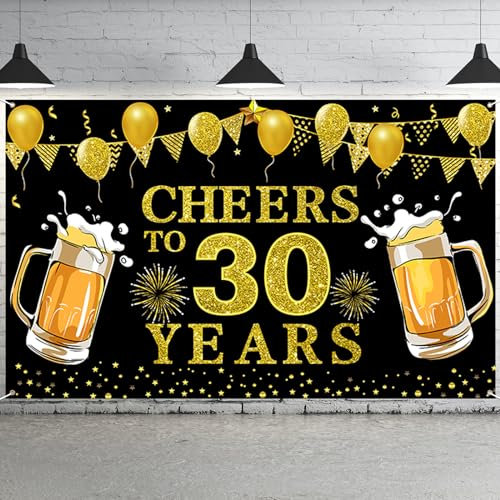 30th Birthday Banner, Cheers To 30 Backdrop Party Decorations, 30th Birthday Decorations Men Women, Black And Gold Background Banners, Party Supplies