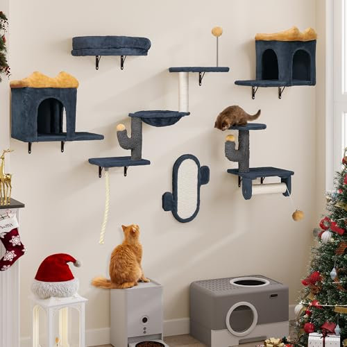 YITAHOME Ensemble Mural d'escalade 7 pièces pour Chat, grimpeur en Peluche Robuste pour Chat, Cadre d'escalade pour Chat, Tours de Jeu avec Maison pour Chat, hamac pour Chat et Balle Suspendue, Gris