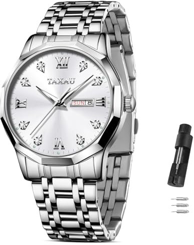 Taxau Silber Uhr Herren Edelstahl wasserdichte Herrenuhr Diamant Männer Uhr mit Datum Luxus Uhr Quarz Armbanduhren für Herren Classic Herrenuhren