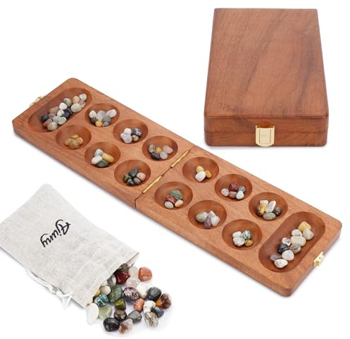Ajuny Hus Bao Kalaha Mancala brädspel trä fällbar bräda familjespel | Bärbart strategispel med färgglada stenar, perfekt för familjekväll, barn och vuxna, klassiskt tänkande spel av trä