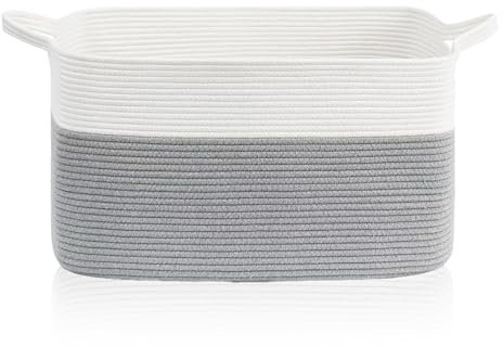 Large Storage Baskets, XXXL Foldable Woven Basket with Handle for Baby Clothes Toy Blanket Bedding Towel, Washing Basket for Living Room Bedroom Bathroom Organisation 55*38*30 CM (White & Grey)