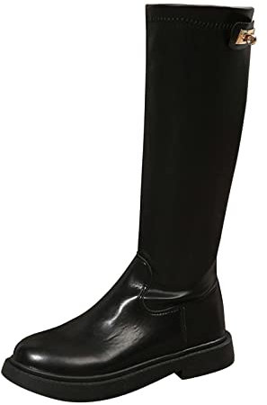 Stivali lunghi da donna in pelle tinta unita con testa rotonda e fondo piatto alla moda stivali alti al ginocchio per le donne polpaccio largo senza tacco, Nero , 37.5 EU