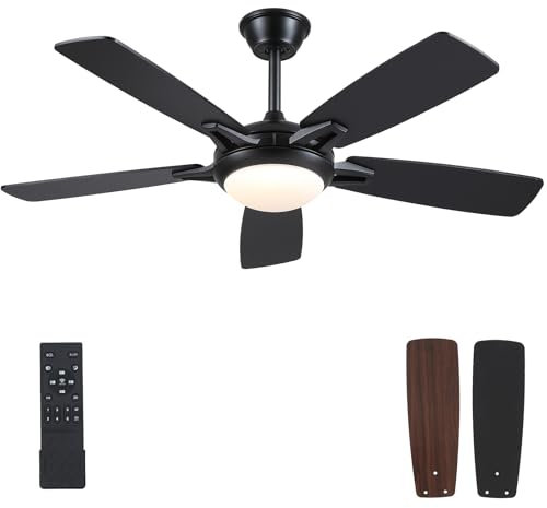 Surtime Ventilador de techo con luz y mando a distancia, 132 cm ventilador techo moderno y silencioso con luz LED regulable para dormitorio salón, aspas de madera, negro