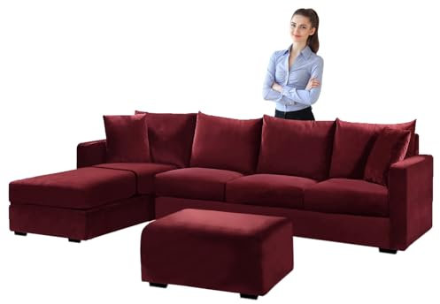 Samt L-Form Stretch Ecksofa Sofabezug mit Kissenbezügen Weinrot für U-Schnittsofa